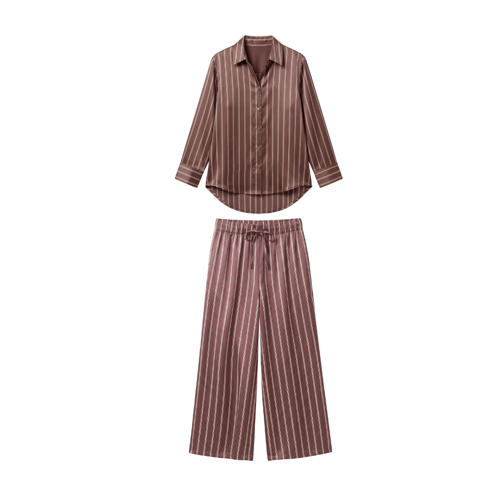Pyjama Oversize 100% pure soie de mûrier - Rayures Marron