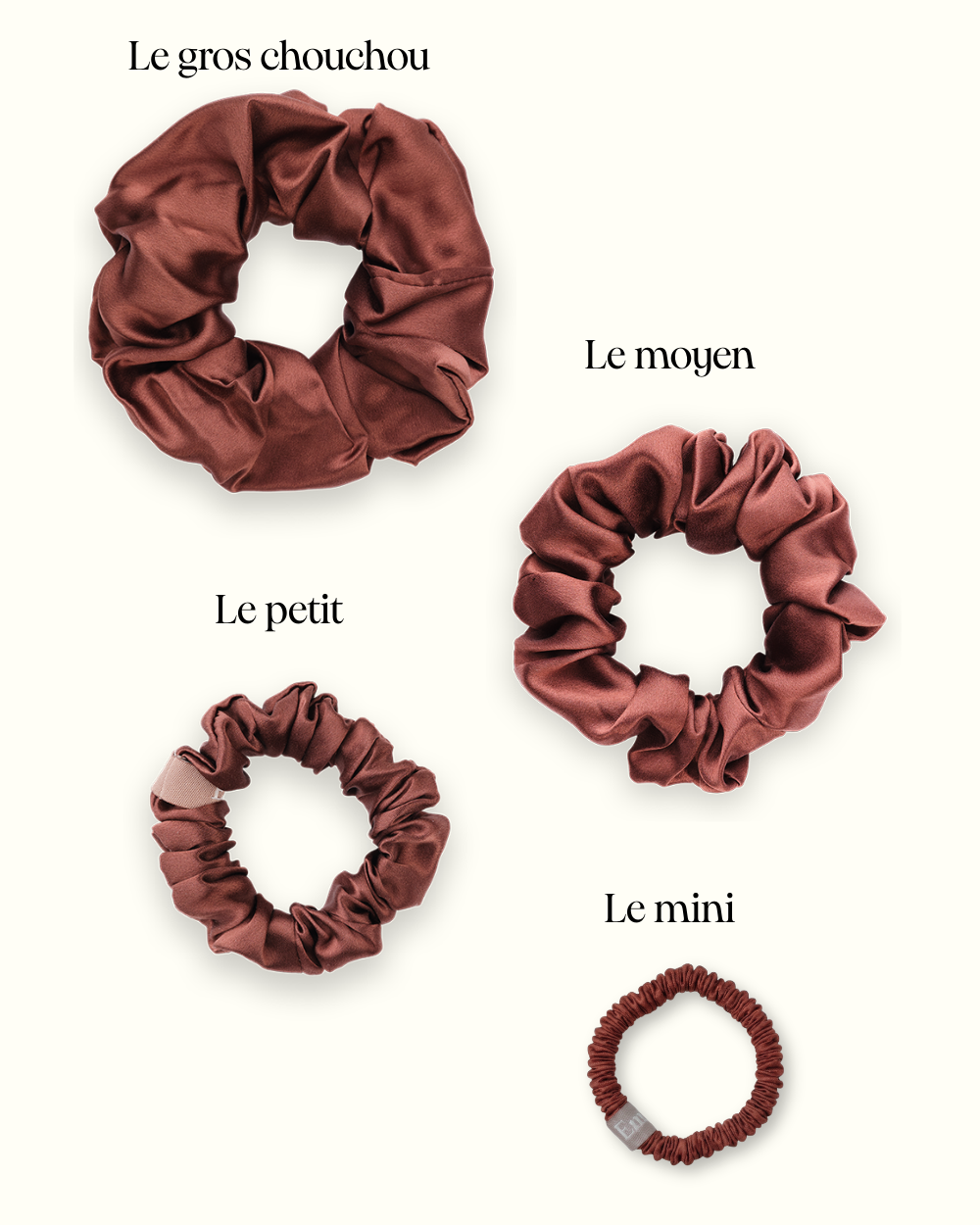 Lot de 3 Chouchous 100 % Soie - Le mini, Le Petit, Le moyen - Moka