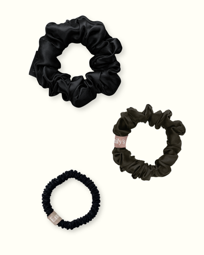 Lot de 3 Chouchous 100 % Soie - Le mini, Le Petit, Le moyen - Noir